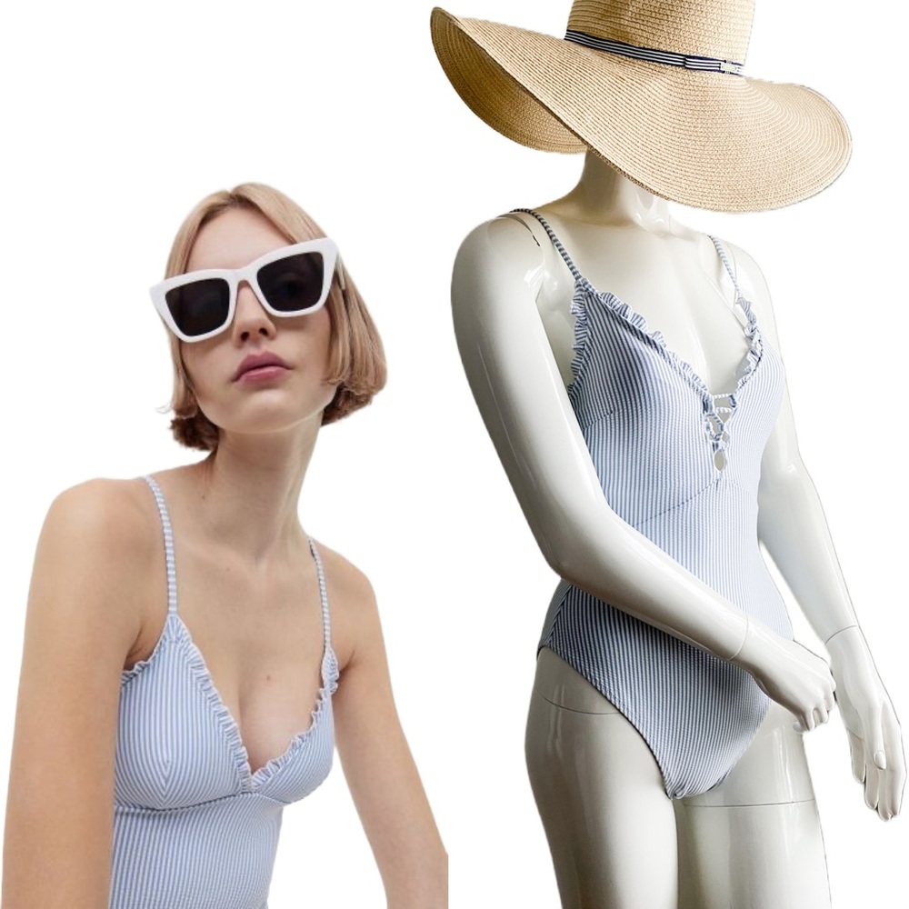 Zara Blue and White Striped One Piece Swimsuit